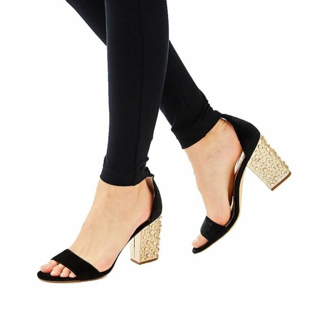 Lilly Pulitzer Sandals Amber Lynn Onyx Black Velvet Gold Pearl Crystal Heel 6